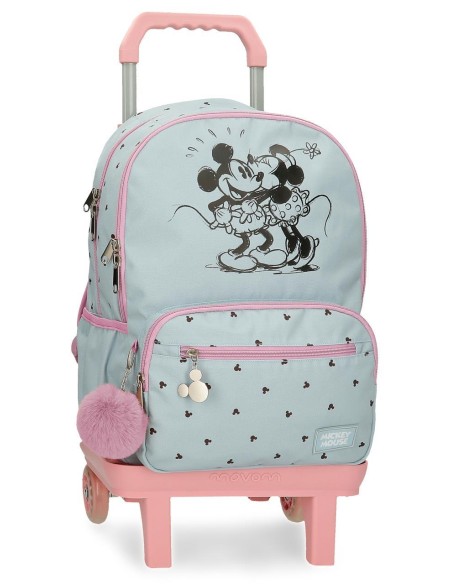 MOCHILA ADAP. 44CM. C/CARRO. MICKEY Y MINNIE KISSES.